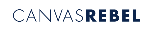 CANVASREBEL logo: wordmark with CANVAS in light navy and REBEL in bold dark blue.
